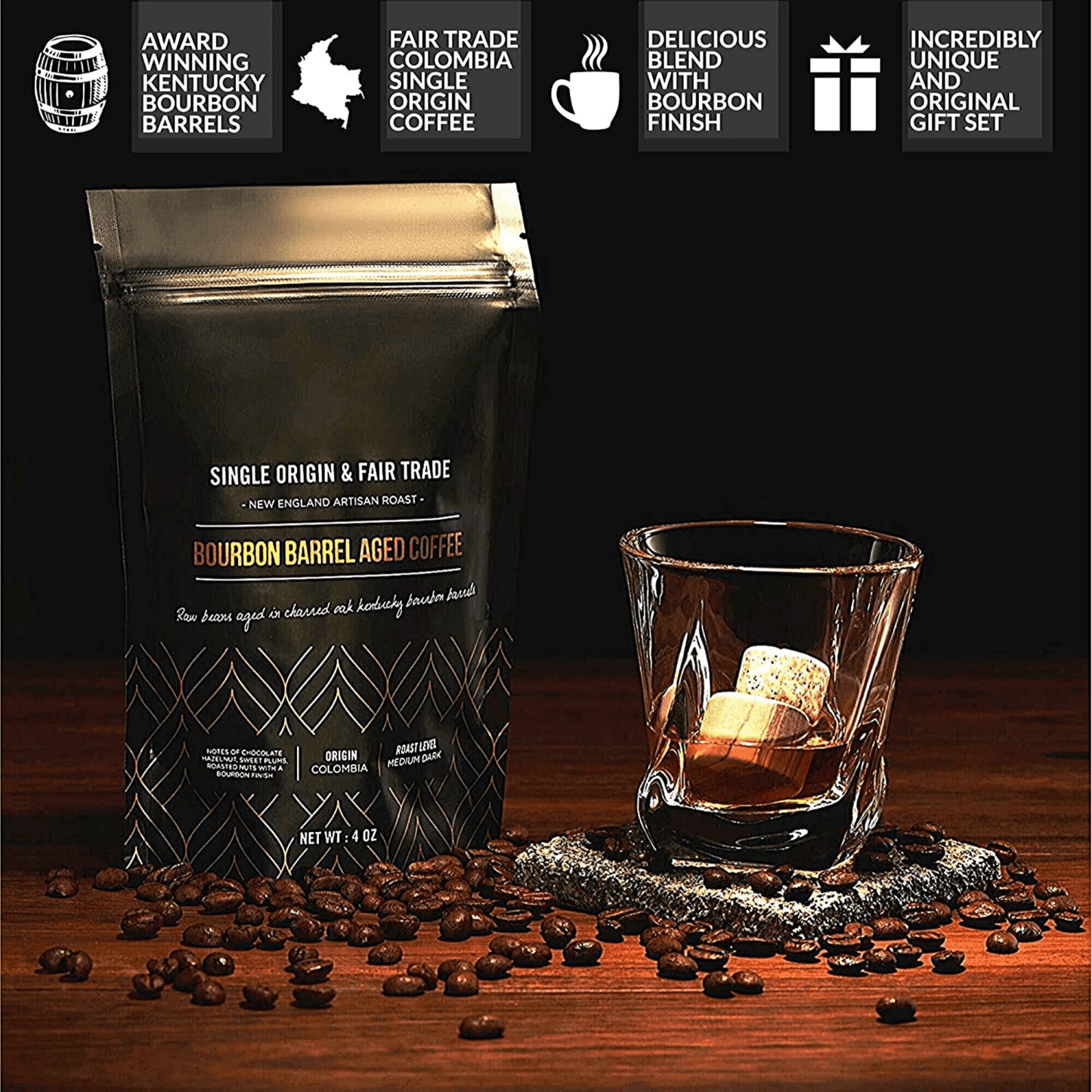 Whiskey Stones & Kentucky Bourbon Barrel Aged Coffee Tasting Gift Set Apricot Pontus