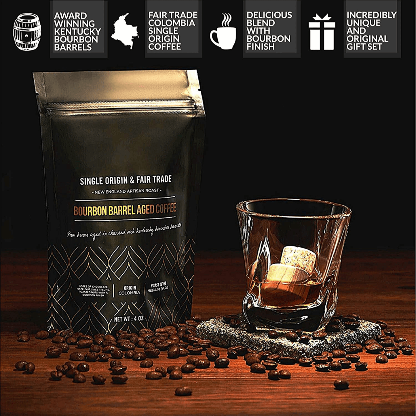 Whiskey Stones & Kentucky Bourbon Barrel Aged Coffee Tasting Gift Set Apricot Pontus